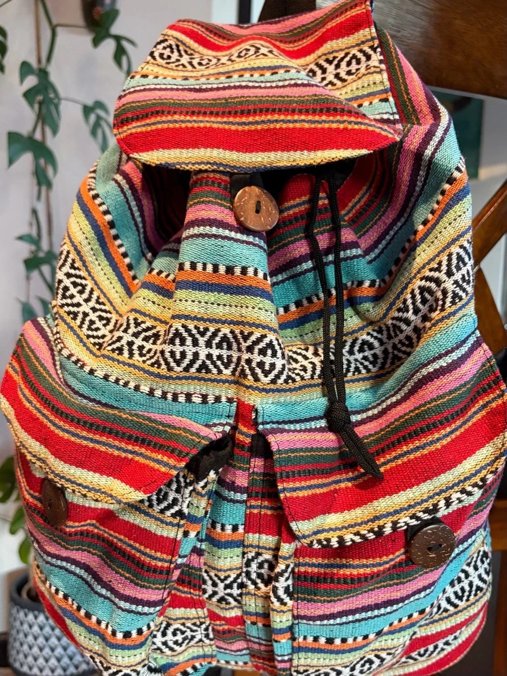 Made in Nepal. Colorful Striped Woven Backpack
